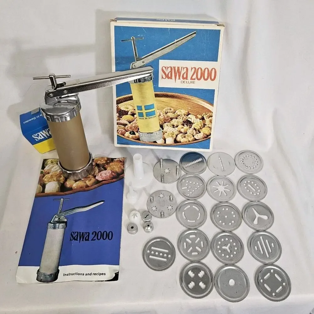 Vintage SAWA 2000 Deluxe Metal Cookie Press Decorator Gun Accessories Set Sweden